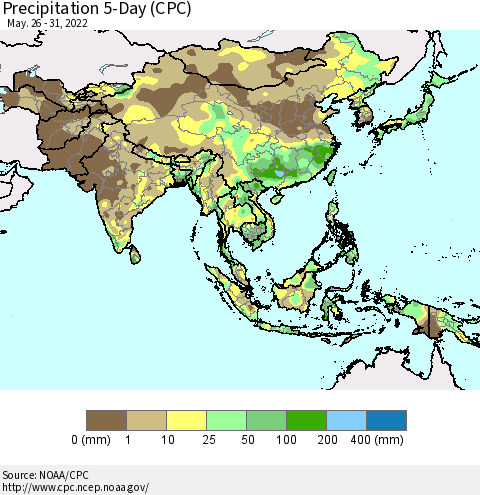 Asia Precipitation 5-Day (CPC) Thematic Map For 5/26/2022 - 5/31/2022