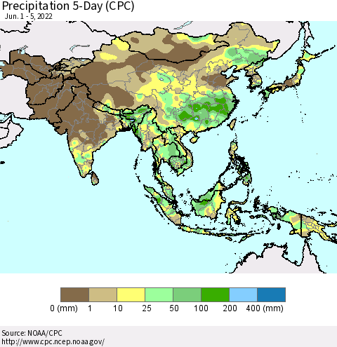 Asia Precipitation 5-Day (CPC) Thematic Map For 6/1/2022 - 6/5/2022
