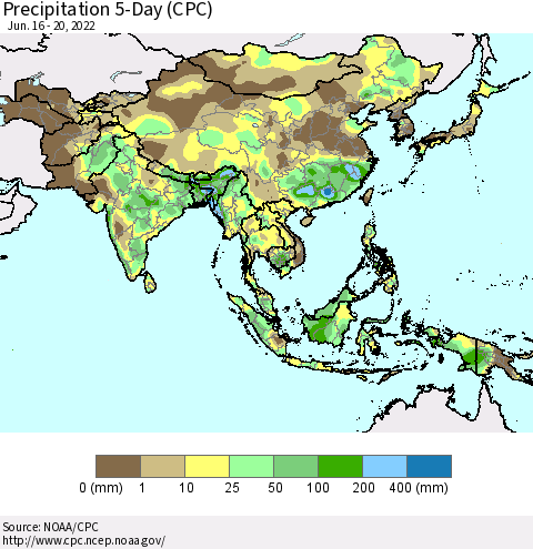 Asia Precipitation 5-Day (CPC) Thematic Map For 6/16/2022 - 6/20/2022