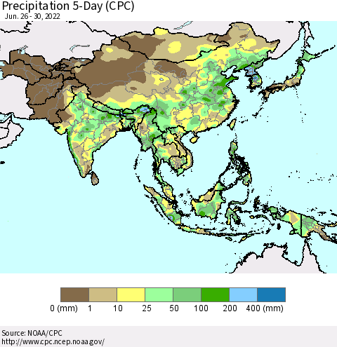 Asia Precipitation 5-Day (CPC) Thematic Map For 6/26/2022 - 6/30/2022