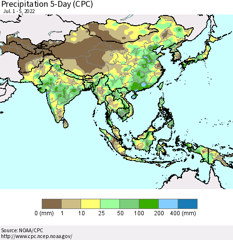 Asia Precipitation 5-Day (CPC) Thematic Map For 7/1/2022 - 7/5/2022
