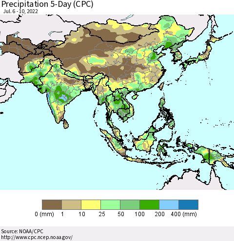 Asia Precipitation 5-Day (CPC) Thematic Map For 7/6/2022 - 7/10/2022
