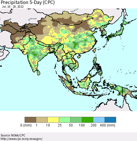 Asia Precipitation 5-Day (CPC) Thematic Map For 7/16/2022 - 7/20/2022