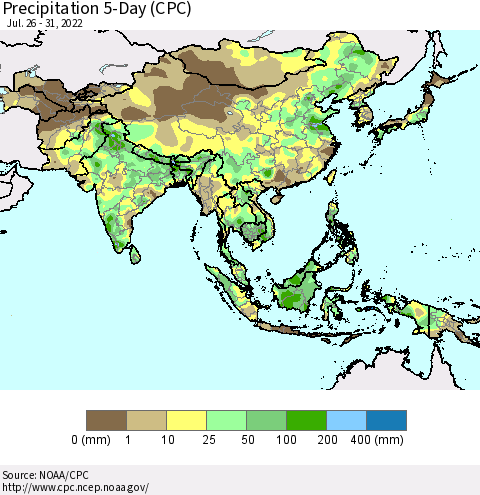 Asia Precipitation 5-Day (CPC) Thematic Map For 7/26/2022 - 7/31/2022