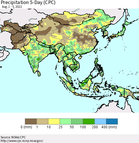Asia Precipitation 5-Day (CPC) Thematic Map For 8/1/2022 - 8/5/2022