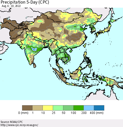 Asia Precipitation 5-Day (CPC) Thematic Map For 8/6/2022 - 8/10/2022