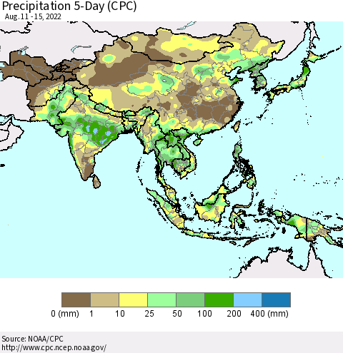 Asia Precipitation 5-Day (CPC) Thematic Map For 8/11/2022 - 8/15/2022