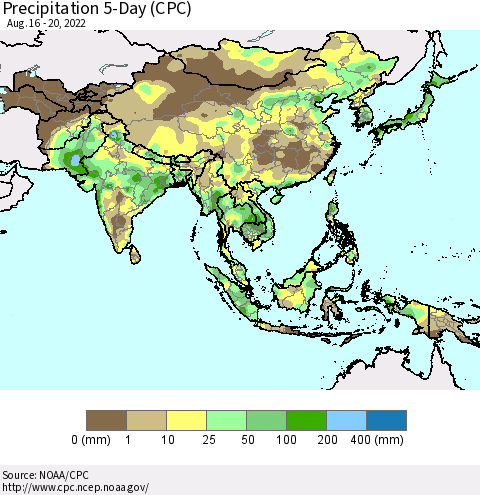 Asia Precipitation 5-Day (CPC) Thematic Map For 8/16/2022 - 8/20/2022