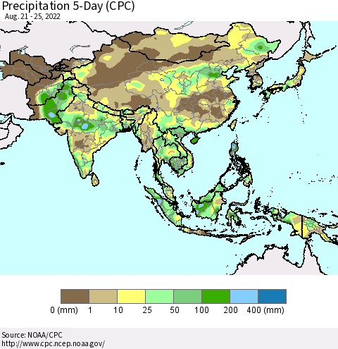 Asia Precipitation 5-Day (CPC) Thematic Map For 8/21/2022 - 8/25/2022