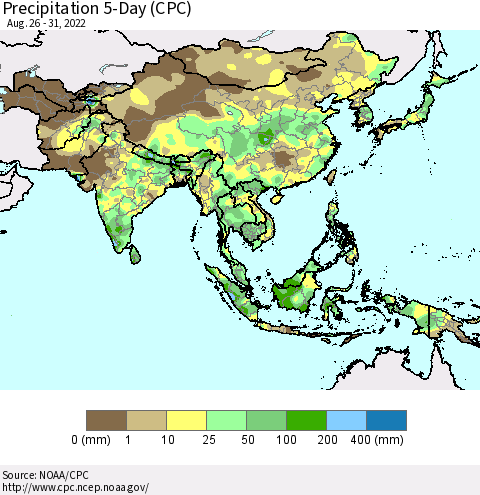 Asia Precipitation 5-Day (CPC) Thematic Map For 8/26/2022 - 8/31/2022