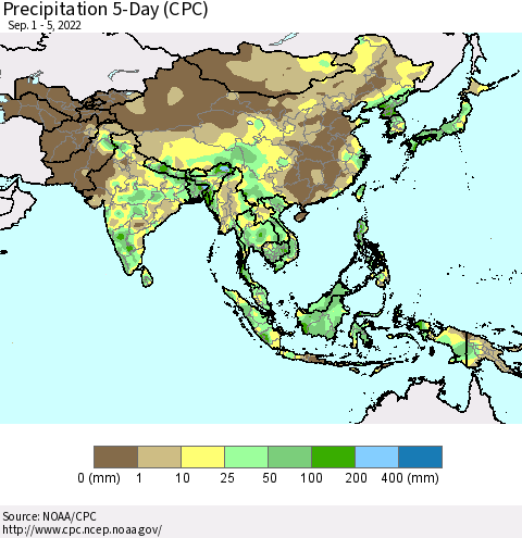 Asia Precipitation 5-Day (CPC) Thematic Map For 9/1/2022 - 9/5/2022