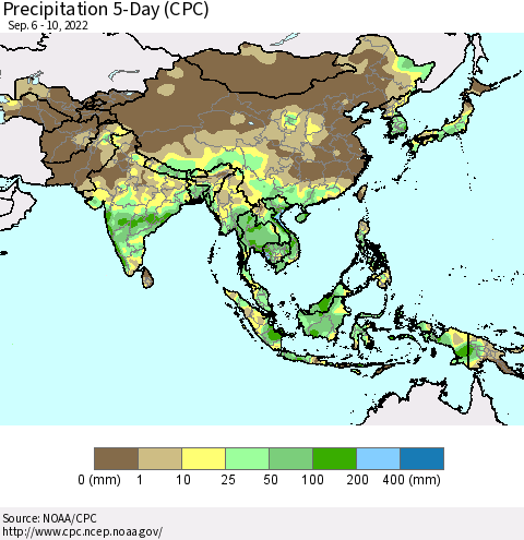 Asia Precipitation 5-Day (CPC) Thematic Map For 9/6/2022 - 9/10/2022
