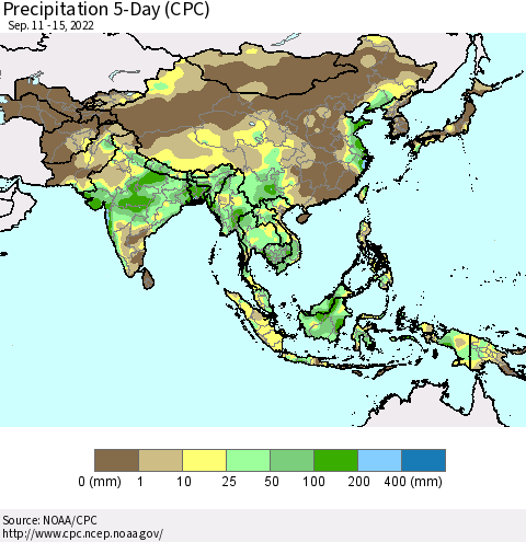 Asia Precipitation 5-Day (CPC) Thematic Map For 9/11/2022 - 9/15/2022