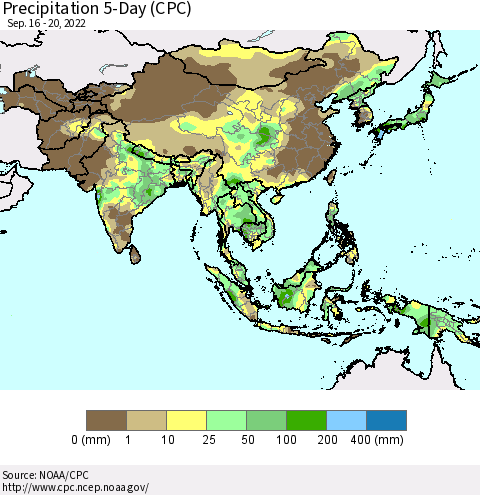 Asia Precipitation 5-Day (CPC) Thematic Map For 9/16/2022 - 9/20/2022