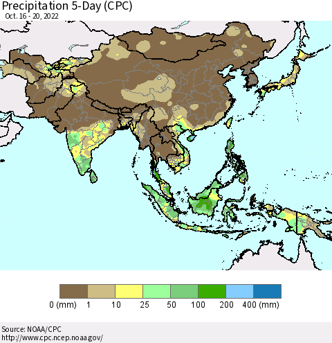 Asia Precipitation 5-Day (CPC) Thematic Map For 10/16/2022 - 10/20/2022