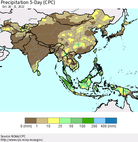 Asia Precipitation 5-Day (CPC) Thematic Map For 10/26/2022 - 10/31/2022