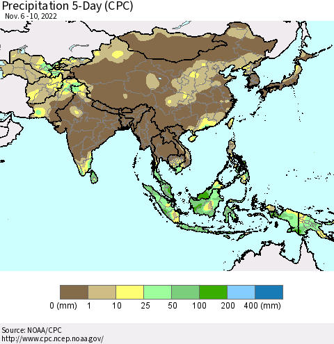 Asia Precipitation 5-Day (CPC) Thematic Map For 11/6/2022 - 11/10/2022