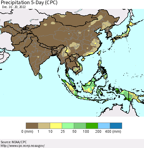 Asia Precipitation 5-Day (CPC) Thematic Map For 12/16/2022 - 12/20/2022
