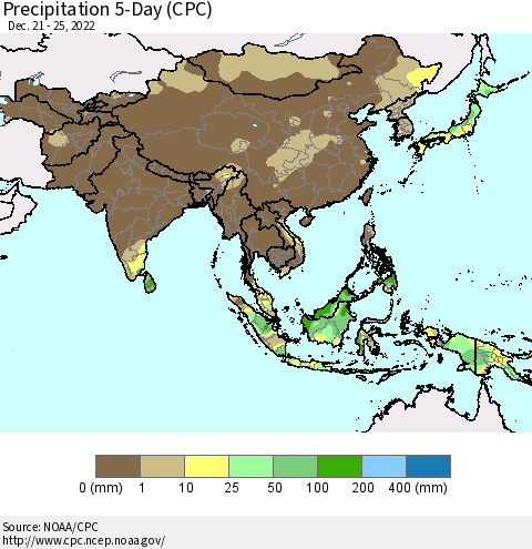 Asia Precipitation 5-Day (CPC) Thematic Map For 12/21/2022 - 12/25/2022