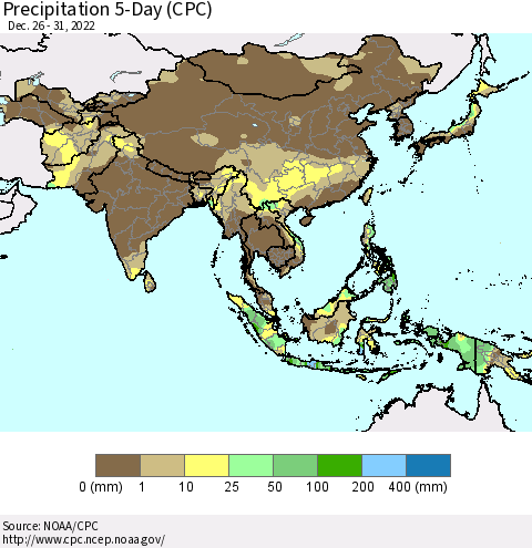 Asia Precipitation 5-Day (CPC) Thematic Map For 12/26/2022 - 12/31/2022