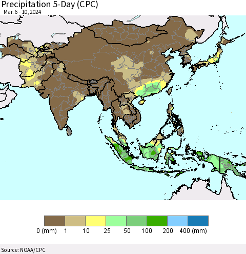 Asia Precipitation 5-Day (CPC) Thematic Map For 3/6/2024 - 3/10/2024