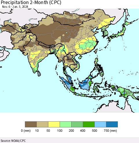 Asia Precipitation 2-Month (CPC) Thematic Map For 11/6/2023 - 1/5/2024