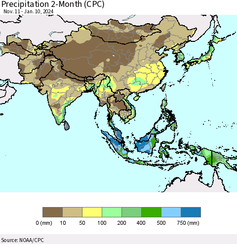 Asia Precipitation 2-Month (CPC) Thematic Map For 11/11/2023 - 1/10/2024