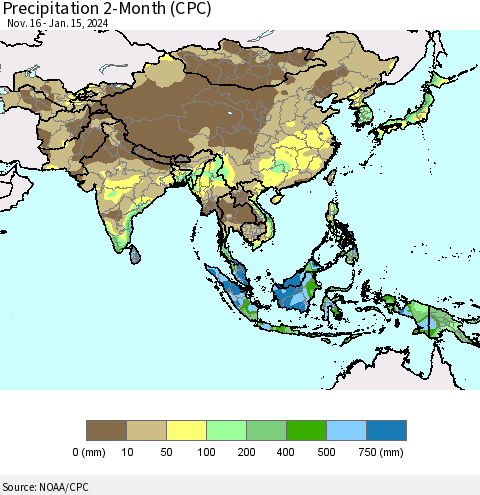 Asia Precipitation 2-Month (CPC) Thematic Map For 11/16/2023 - 1/15/2024