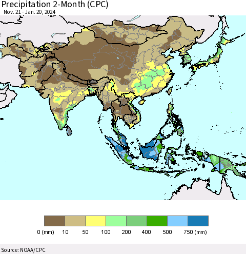 Asia Precipitation 2-Month (CPC) Thematic Map For 11/21/2023 - 1/20/2024