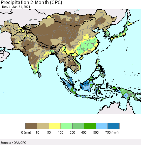 Asia Precipitation 2-Month (CPC) Thematic Map For 12/1/2023 - 1/31/2024