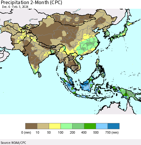 Asia Precipitation 2-Month (CPC) Thematic Map For 12/6/2023 - 2/5/2024