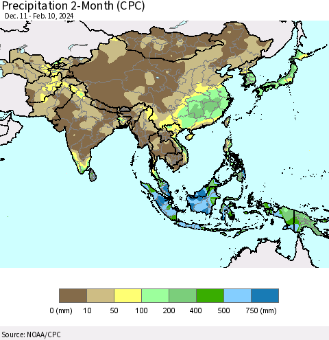 Asia Precipitation 2-Month (CPC) Thematic Map For 12/11/2023 - 2/10/2024