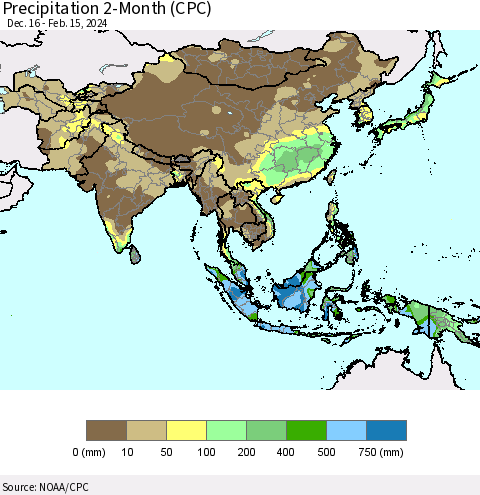 Asia Precipitation 2-Month (CPC) Thematic Map For 12/16/2023 - 2/15/2024