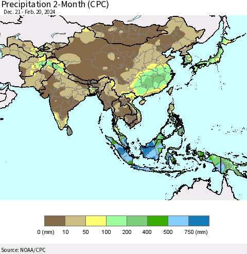 Asia Precipitation 2-Month (CPC) Thematic Map For 12/21/2023 - 2/20/2024