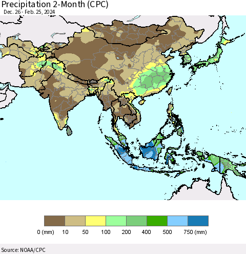 Asia Precipitation 2-Month (CPC) Thematic Map For 12/26/2023 - 2/25/2024