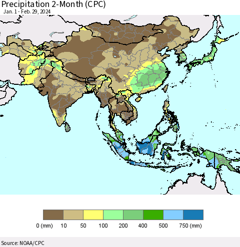 Asia Precipitation 2-Month (CPC) Thematic Map For 1/1/2024 - 2/29/2024