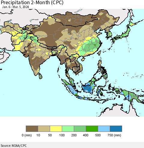 Asia Precipitation 2-Month (CPC) Thematic Map For 1/6/2024 - 3/5/2024