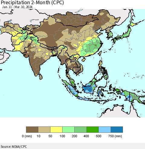 Asia Precipitation 2-Month (CPC) Thematic Map For 1/11/2024 - 3/10/2024