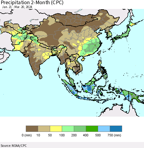 Asia Precipitation 2-Month (CPC) Thematic Map For 1/21/2024 - 3/20/2024