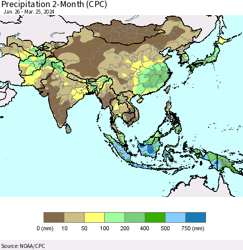 Asia Precipitation 2-Month (CPC) Thematic Map For 1/26/2024 - 3/25/2024