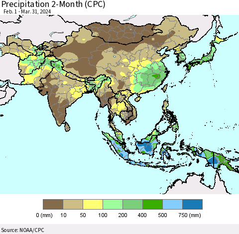 Asia Precipitation 2-Month (CPC) Thematic Map For 2/1/2024 - 3/31/2024