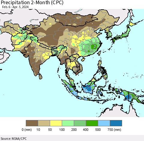 Asia Precipitation 2-Month (CPC) Thematic Map For 2/6/2024 - 4/5/2024