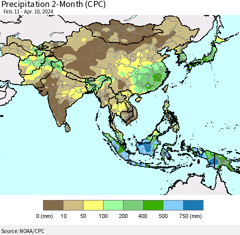 Asia Precipitation 2-Month (CPC) Thematic Map For 2/11/2024 - 4/10/2024