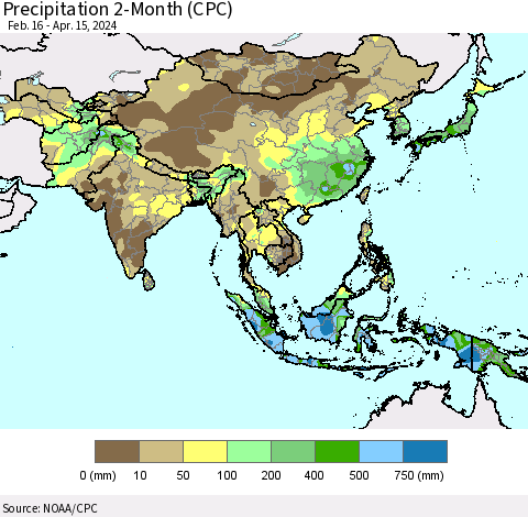 Asia Precipitation 2-Month (CPC) Thematic Map For 2/16/2024 - 4/15/2024