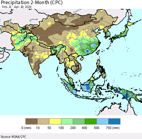 Asia Precipitation 2-Month (CPC) Thematic Map For 2/21/2024 - 4/20/2024
