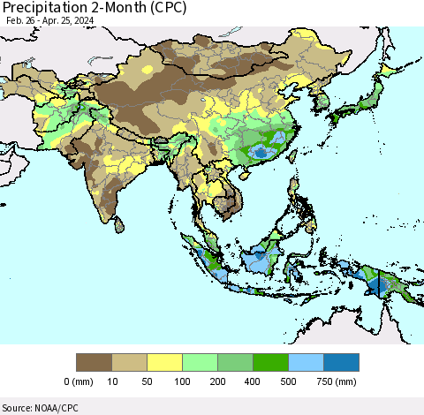 Asia Precipitation 2-Month (CPC) Thematic Map For 2/26/2024 - 4/25/2024