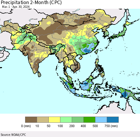 Asia Precipitation 2-Month (CPC) Thematic Map For 3/1/2024 - 4/30/2024