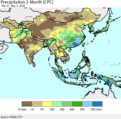 Asia Precipitation 2-Month (CPC) Thematic Map For 3/6/2024 - 5/5/2024