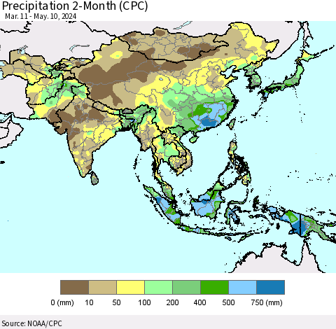 Asia Precipitation 2-Month (CPC) Thematic Map For 3/11/2024 - 5/10/2024