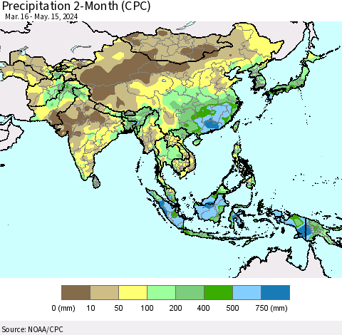 Asia Precipitation 2-Month (CPC) Thematic Map For 3/16/2024 - 5/15/2024